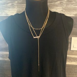 Gold tone layered multi strand Lariat necklace bar coin metal accent adjustabl…